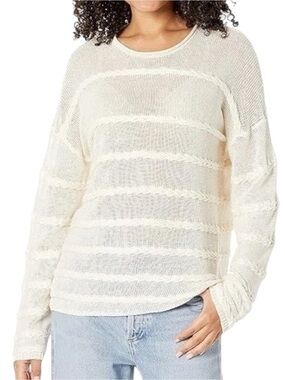 Theory Size L Cream Stripe Linen Blend Knit Neo Harbor Chain Cable Knit Sweater